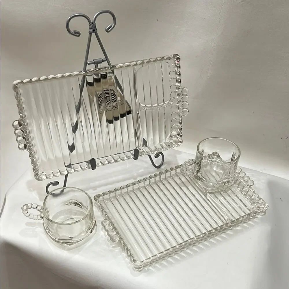 Hazel Atlas Ball & Rib Elegant Clear Glass Smoke Snack & Sip Tray 6 Oz Cup Set